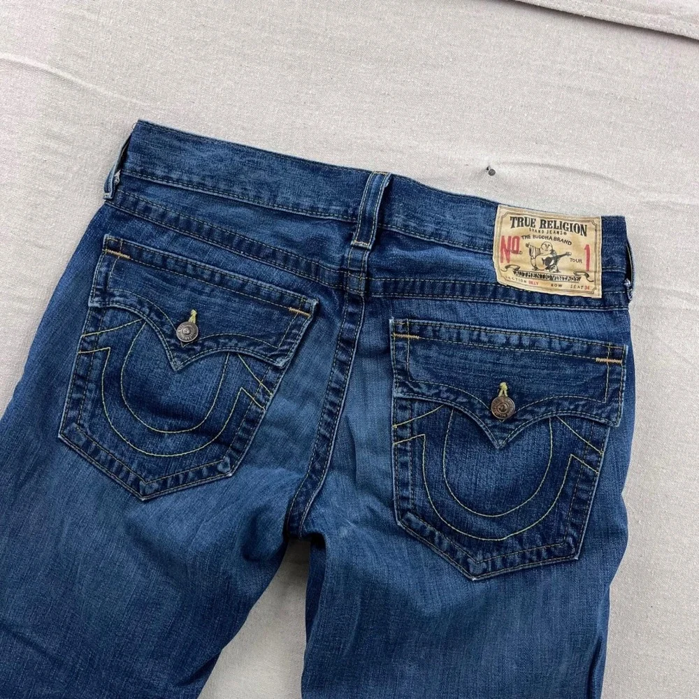 True Religion Straight Leg Jeans Mens 34 Blue Distressed Shredded Made in USA